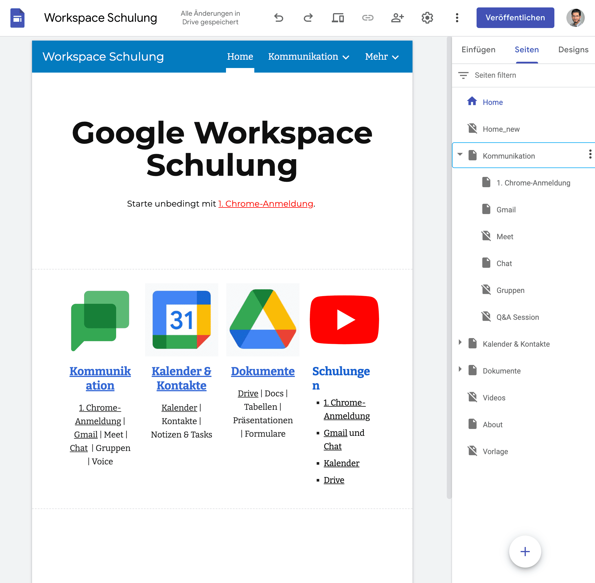 Google Sites: interne Google Workspace Schulungswebsite